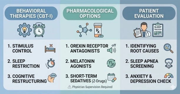 An educational healthcare infographic illustrating clinical treatments for chronic insomnia, featuring structural sections for Cognitive Behavioral Therapy for Insomnia (CBT-I) and medically monitored prescription options.