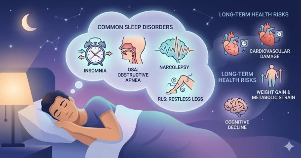 A medical infographic banner illustrating the primary categories of sleep disorders, highlighting clinical pathways of insomnia, obstructive sleep apnea, and restless legs syndrome.