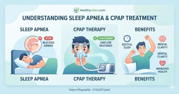 Infographic illustrating a CPAP machine setup with a motorized base, flexible tubing, and a sleep apnea mask keeping a patient's airway open during sleep.