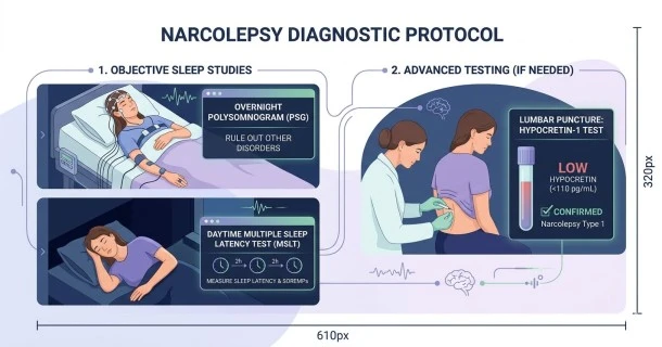 A professional medical infographic detailing the narcolepsy diagnostic timeline, highlighting overnight polysomnography (PSG), daytime multiple sleep latency testing (MSLT), and lumbar puncture markers.