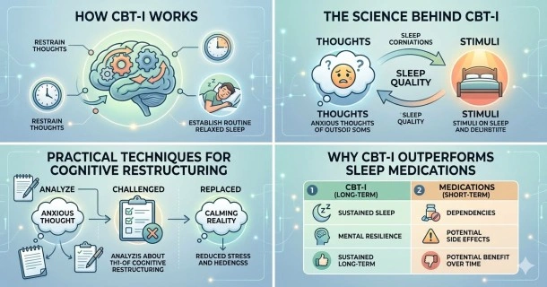 A 4-panel medical infographic explaining how Cognitive Behavioral Therapy for Insomnia (CBT-I) restructures negative sleep thoughts, replaces bad triggers, and outperforms sleep medication naturally.