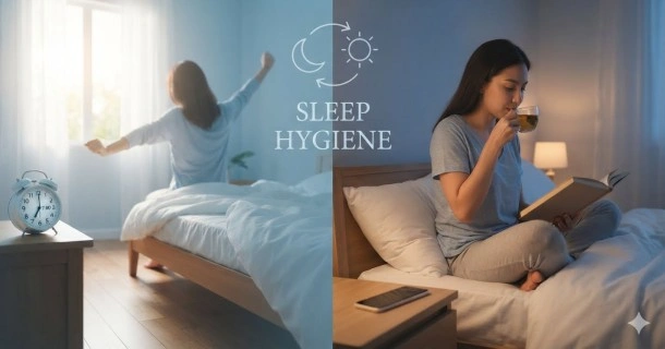 A dark, cool, and serene bedroom optimized for sleep hygiene with an inviting bed, blackout curtains, and a book on the nightstand.