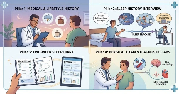 A medical infographic layout illustrating how insomnia is diagnosed, showing the clinical evaluation process with a sleep diary and medical labs on one side, and an overnight sleep study polysomnogram on the other.