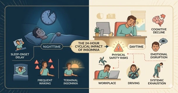 A medical infographic banner explicitly split into two halves, contrasting a person experiencing nighttime insomnia symptoms (restlessness in bed) with their daytime symptoms (severe exhaustion at work).