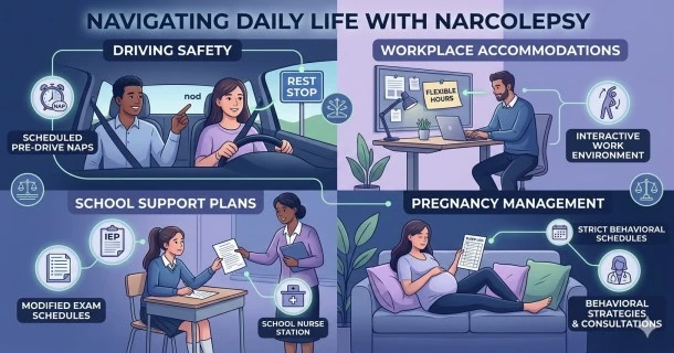 A detailed medical infographic highlighting daily tips for living with narcolepsy, showing workplace standing desk setups, scheduled nap breaks, and driving safety guidelines.