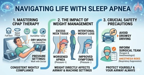 An educational medical infographic displaying daily management strategies for living with sleep apnea, mapping out CPAP mask troubleshooting adjustments, weight management, and vital surgical anesthesia precautions.