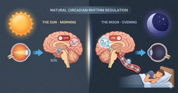 Medical graphic illustrating melatonin production, showing how evening darkness triggers natural circadian rhythm regulation while bright morning light suppresses it.