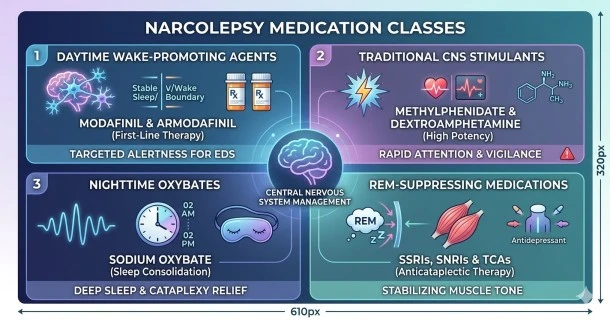 A professional medical infographic grouping the main narcolepsy medications into distinct quadrants, including daytime wake-promoting agents, stimulants, nighttime oxybates, and REM suppressants.