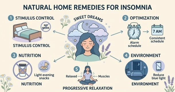 An illustrative graphic showing a woman sleeping deeply and peacefully in a dark bedroom environment optimized for insomnia relief, featuring a warm bedside lamp, an analog clock, a closed physical book, and a clear crescent moon out the window.