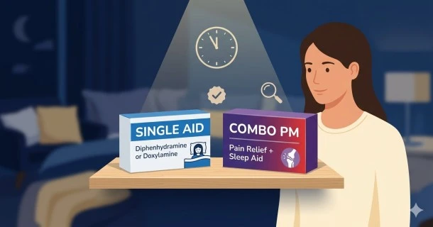 A medical comparison graphic displaying a single-entity antihistamine sleep aid box versus a combination nighttime pain relief product on a shelf.