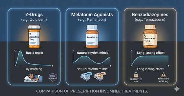 Medical graphic showing a split view of a peaceful bedroom for healthy sleep architecture alongside icons for neurological receptors and safe medication labels.