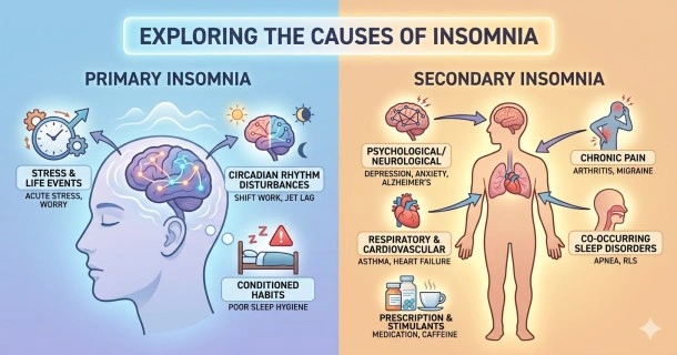 A medical infographic banner split vertically to contrast primary insomnia causes like workplace stress and clock-based rhythm changes with secondary insomnia triggers like chronic arthritis pain and therapeutic prescriptions.