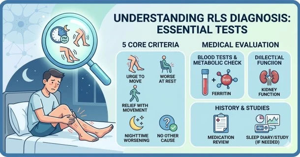 Medical infographic detailing the diagnostic process for Restless Legs Syndrome, featuring the 5 core clinical criteria, lab blood tests for iron storage, and a patient-physician consultation.