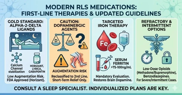 Medical infographic outlining Restless Legs Syndrome (RLS) medication options, distinguishing first-line alpha-2-delta ligands and iron therapy from second-line dopaminergic agents with an explicit warning about augmentation risks.