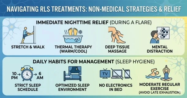 An educational medical infographic displaying natural treatments for Restless Legs Syndrome, contrasting immediate nighttime flare-up relief techniques with daily long-term sleep hygiene habits.