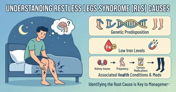 An educational medical infographic illustrating Restless Legs Syndrome (RLS) causes, highlighting the neurological connection between brain iron and dopamine alongside common triggers like genetics, lifestyle substances, and medications.