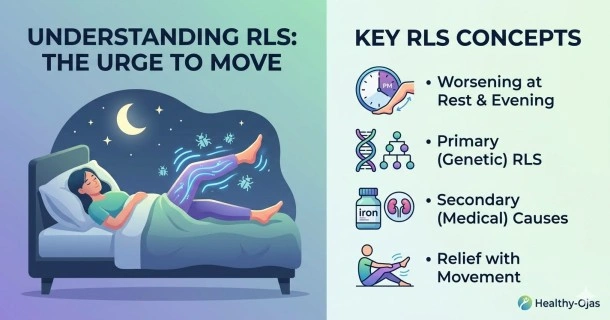 An introductory medical overview infographic for Restless Legs Syndrome (RLS) highlighting its 4 pillars: common sensory symptoms, primary vs secondary causes, diagnostic interview criteria, and clinical treatment paths.