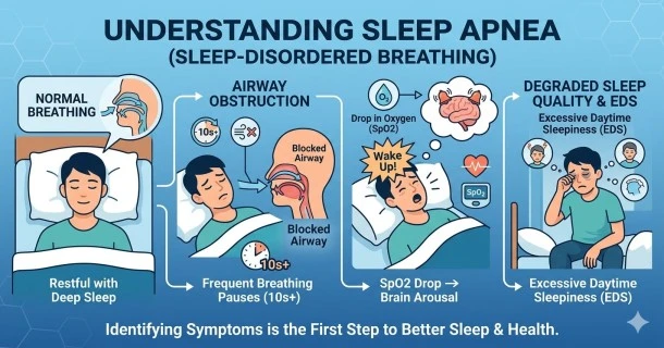 A medical infographic of sleep apnea showing a cross-section of an obstructed airway during an apnea event alongside icons for blood oxygen drops, micro-arousals, and daytime chronic fatigue.