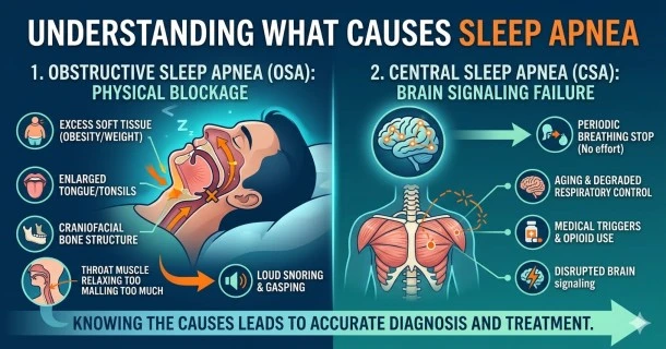 An educational medical infographic detailing what causes sleep apnea, contrasting the physical airway blockages of Obstructive Sleep Apnea (OSA) with the central nervous system signaling failures of Central Sleep Apnea (CSA).