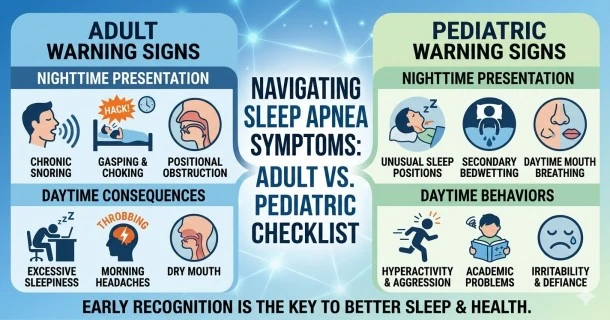 An educational medical infographic mapping sleep apnea symptoms across three sections: nighttime signs (loud snoring, choking), adult daytime warning signs (morning headaches, exhaustion), and pediatric symptoms (hyperactivity, mouth breathing).