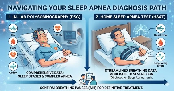 An educational medical infographic comparing an in-lab Polysomnography (PSG) test measuring EEG and snoring, with a portable Home Sleep Apnea Test (HSAT) measuring nasal flow and oxygen levels.