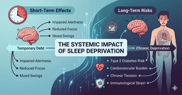 A side-by-side medical illustration representing the effects of sleep deprivation, contrasting a healthy, vital brain profile on one side with a fatigued, stressed profile on the other.