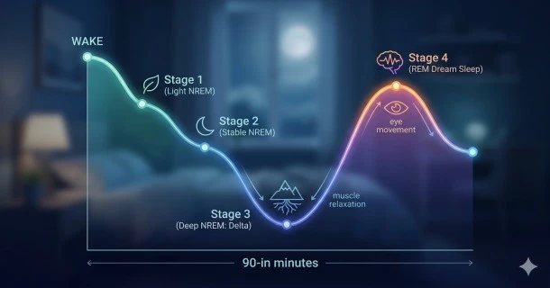 An infographic-style timeline banner displaying a stylized visual representation of a full human sleep cycle architecture transitioning from Stage 1 through deep delta sleep and active REM dream sleep.