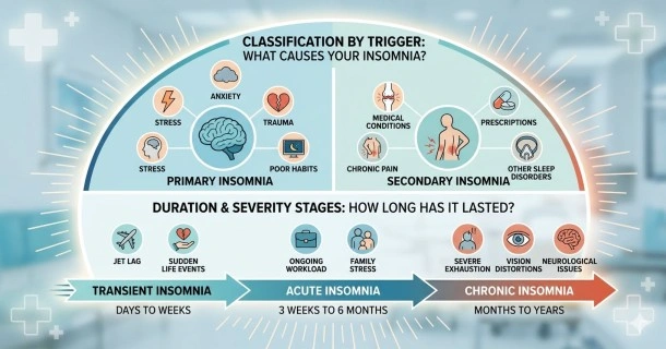 A medical infographic layout outlining the clinical types of insomnia based on duration and severity, contrasting transient, acute, and chronic sleep conditions with matching visual timelines.