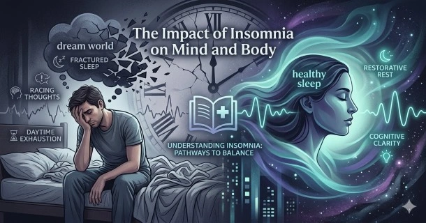An illustrative medical diagram visualizing an individual resting in bed, contrasting the timeline differences between acute and chronic insomnia patterns alongside standard symptoms.