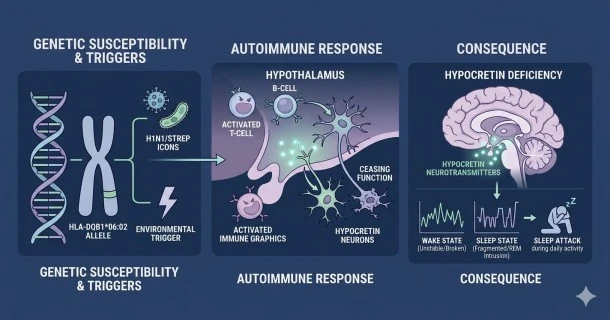 A clear medical infographic showing the underlying neurobiological causes of narcolepsy, illustrating the autoimmune destruction of hypocretin cells in the hypothalamus.