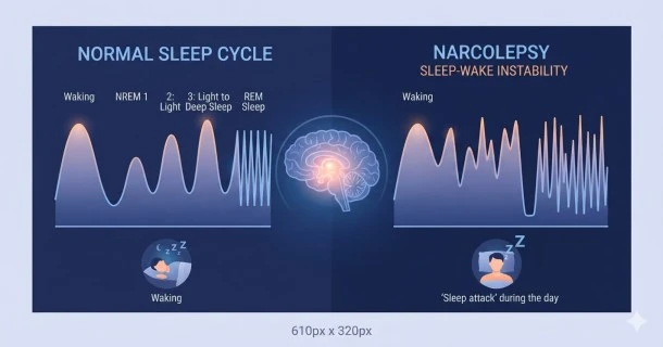 An illustrative medical infographic displaying a human brain highlighting sleep-wake cycle pathways to explain the neurological causes of narcolepsy.