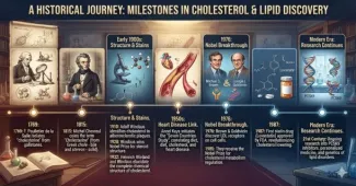 Modern infographic timeline showing major milestones in cholesterol and lipid discovery from 1758 to present day.