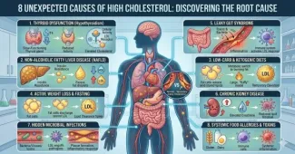 A detailed medical illustration demonstrating the 8 unexpected secondary causes of high cholesterol, including leaky gut, hypothyroidism, fatty liver, and weight loss.