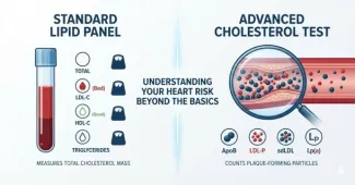 Medical infographic comparing a standard lipid panel vs an advanced cholesterol test. The left side shows a blood test tube measuring total mass, LDL-C, HDL-C, and triglycerides. The right side shows a magnifying glass zooming in on plaque-forming particles in an artery, tracking ApoB, LDL-P, sdLDL, and Lp(a).
