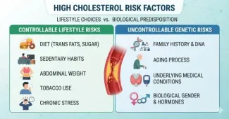 High Cholesterol Risk Factors, comparing controllable lifestyle risks with uncontrollable genetic risks, separated by an illustration of plaque buildup in an artery.
