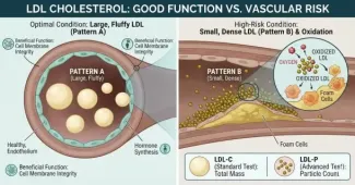 A medical infographic comparing two types of LDL cholesterol particles inside an artery. The left section shows large, fluffy "Pattern A" LDL molecules labeled as normal and safe. The right section shows small, dense "Pattern B" LDL molecules labeled as high risk and prone to oxidation and arterial plaque formation.