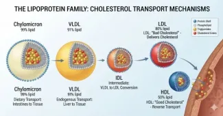 Medical illustration showing a cross-section of a lipoprotein particle in the bloodstream. The outer shell is composed of phospholipids and embedded apolipoproteins, surrounding a dense inner core filled with cholesterol esters and triglycerides.