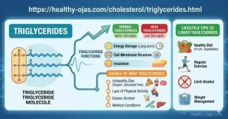 A medical infographic banner measuring 610x320 pixels titled "Triglycerides: Energy Storage vs. Arterial Risk". The left side showcases a healthy molecular diagram of a glycerol backbone with three fatty acid tails storing fuel safely for muscle tissue. The right side illustrates a cross-section of a blood vessel demonstrating how high triglyceride levels cause normal LDL to shrink into small, dense LDL particles that puncture the arterial lining and create calcified plaque deposits.