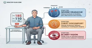 Medical illustration outlining the emergency signs of a hypertensive crisis including severe headache, chest pain, and blurred vision.